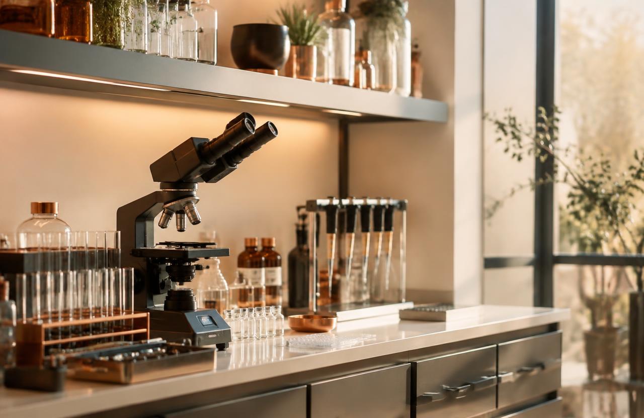 Research laboratory bench with microscope and glassware